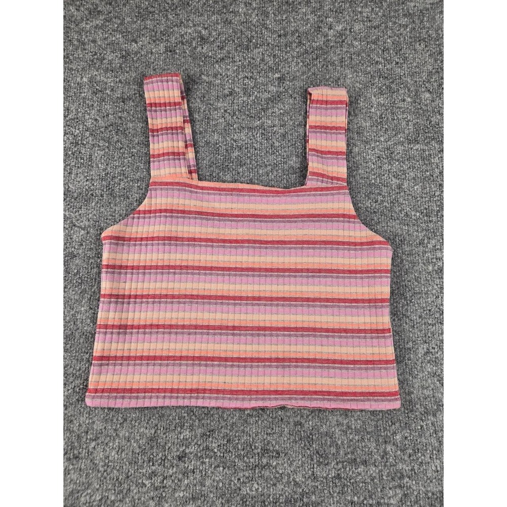 American Eagle Pink Coral Striped Ribbed Square Neck Crop Tank Top Large